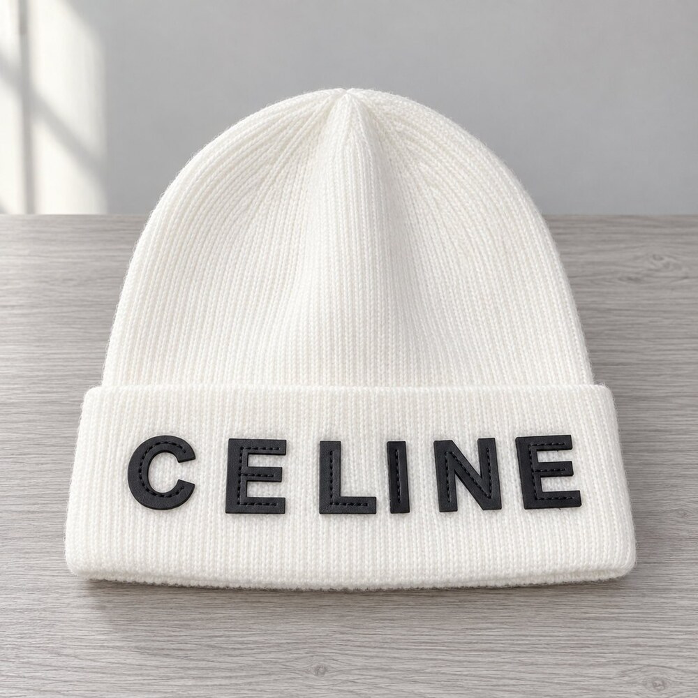 CELINE White Ribbed Knit Beanie